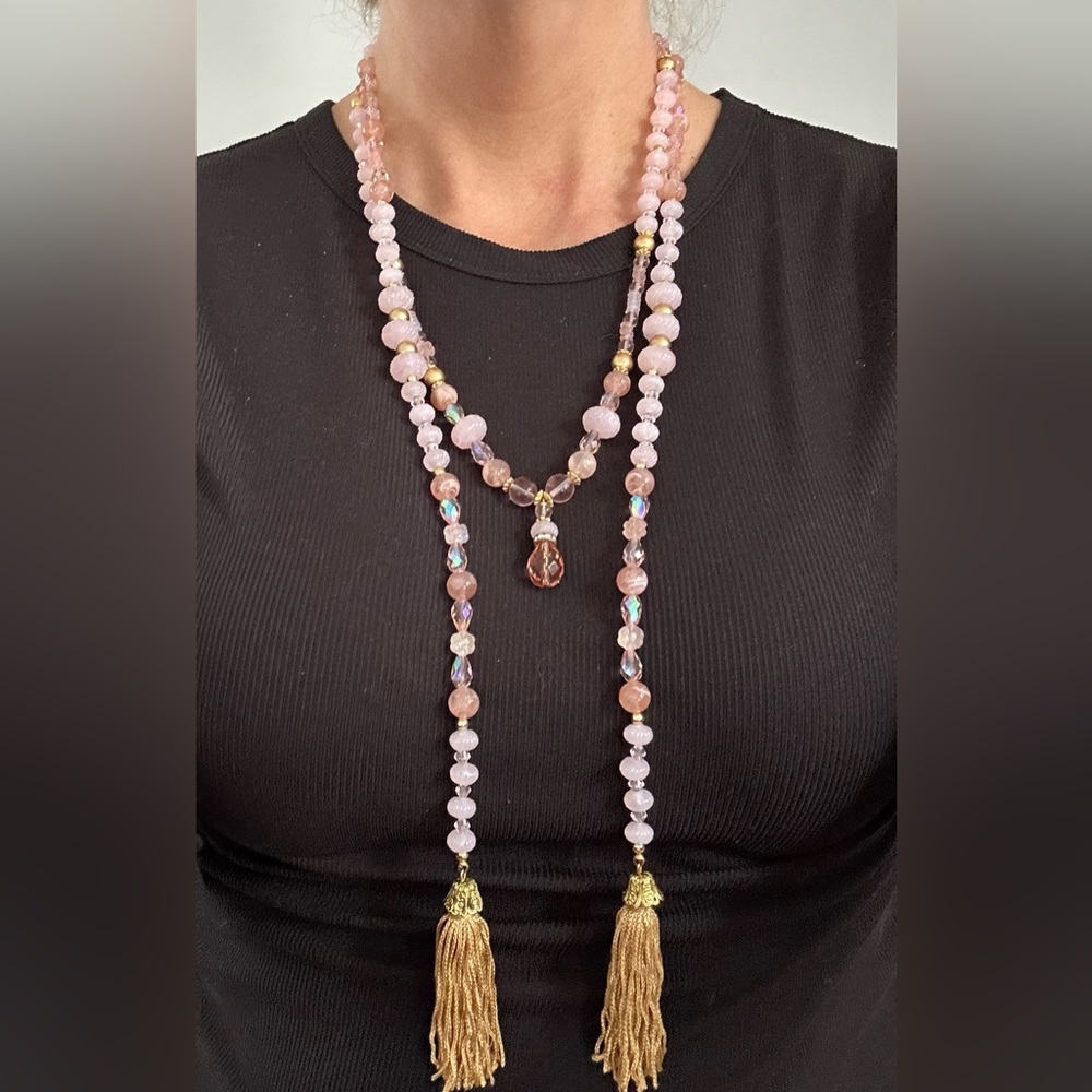 Pink Beaded Lariat Gold Tassel Necklace